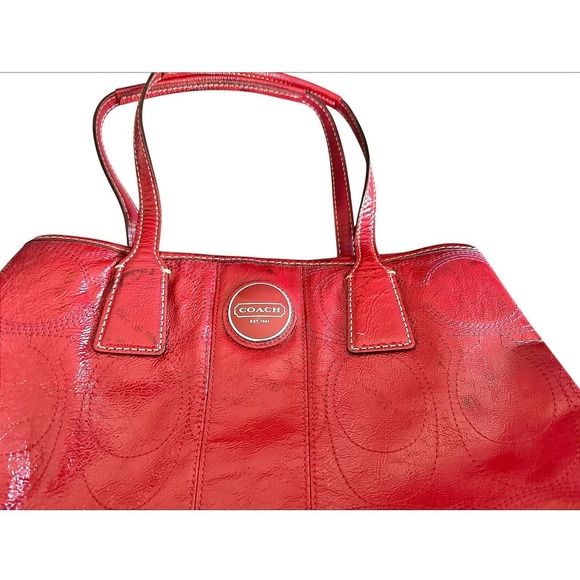 Coach Red Patent Leather Op Art Tote Bag Satchel Purse Designer Handbag 15x4x11" - Picture 12 of 16